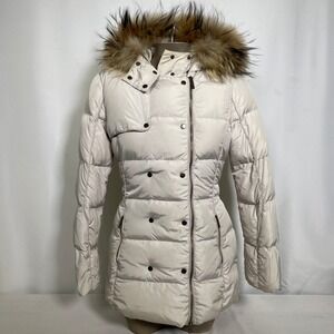 ADD Down Ivory Fur Trim Hood Belted Parka Puffer Jacket Women's Sz 2